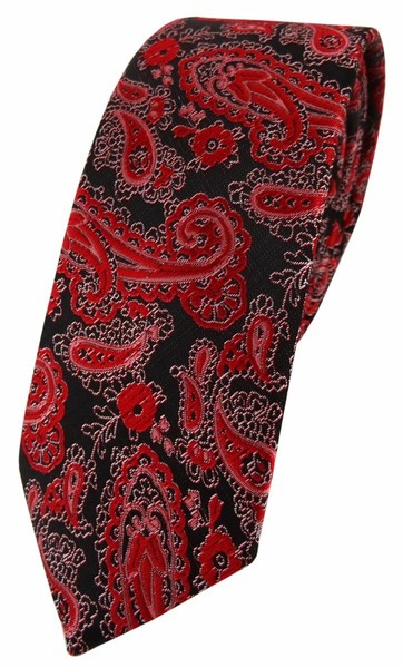 Schmale Tigertie Designer Krawatte In Rot Schwarz Silber Paisley Gemustert-image