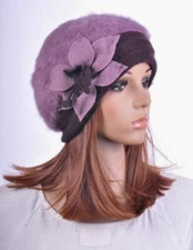 M32 Cute Flower Faux Rabbit Fur & Wool Women Winter Hat Beanie Cap Lt.PURPLE