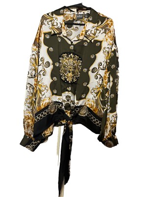 Soho Jeans NY & Co Blouse Green and Gold Regal Print  Size XXL