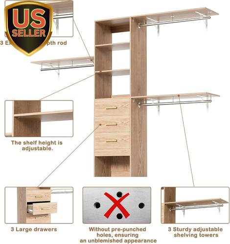 8Ft Closet System with Drawers, 96Inch Customizable Organizers and Storage Sy... - Picture 7 of 7