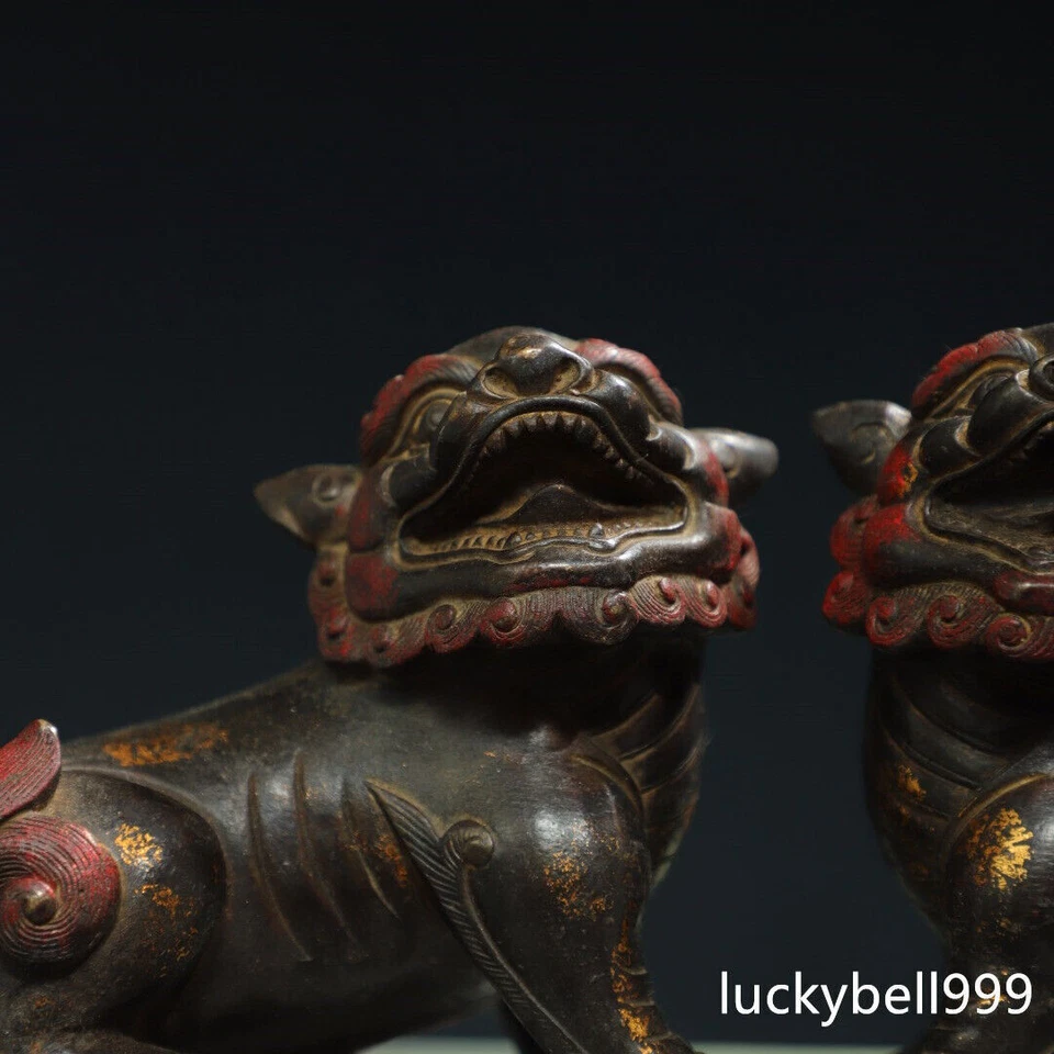 Antigua estatua de bestia león pareja dorada bronce dinastía Qing hecha a mano de China de 10" Foto 2 de 4