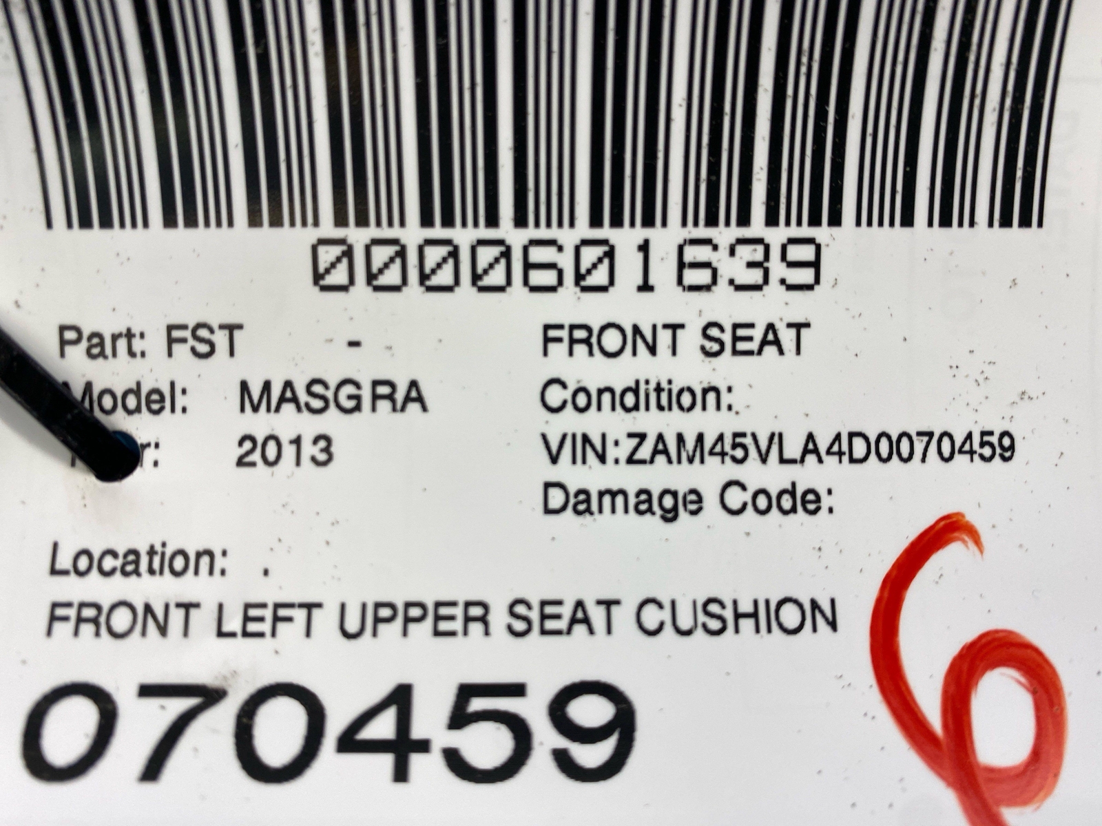 2013-2019 MASERATI GRANTURISMO FRONT LEFT UPPER SEAT CUSHION BLACK LEATHER *WEAR