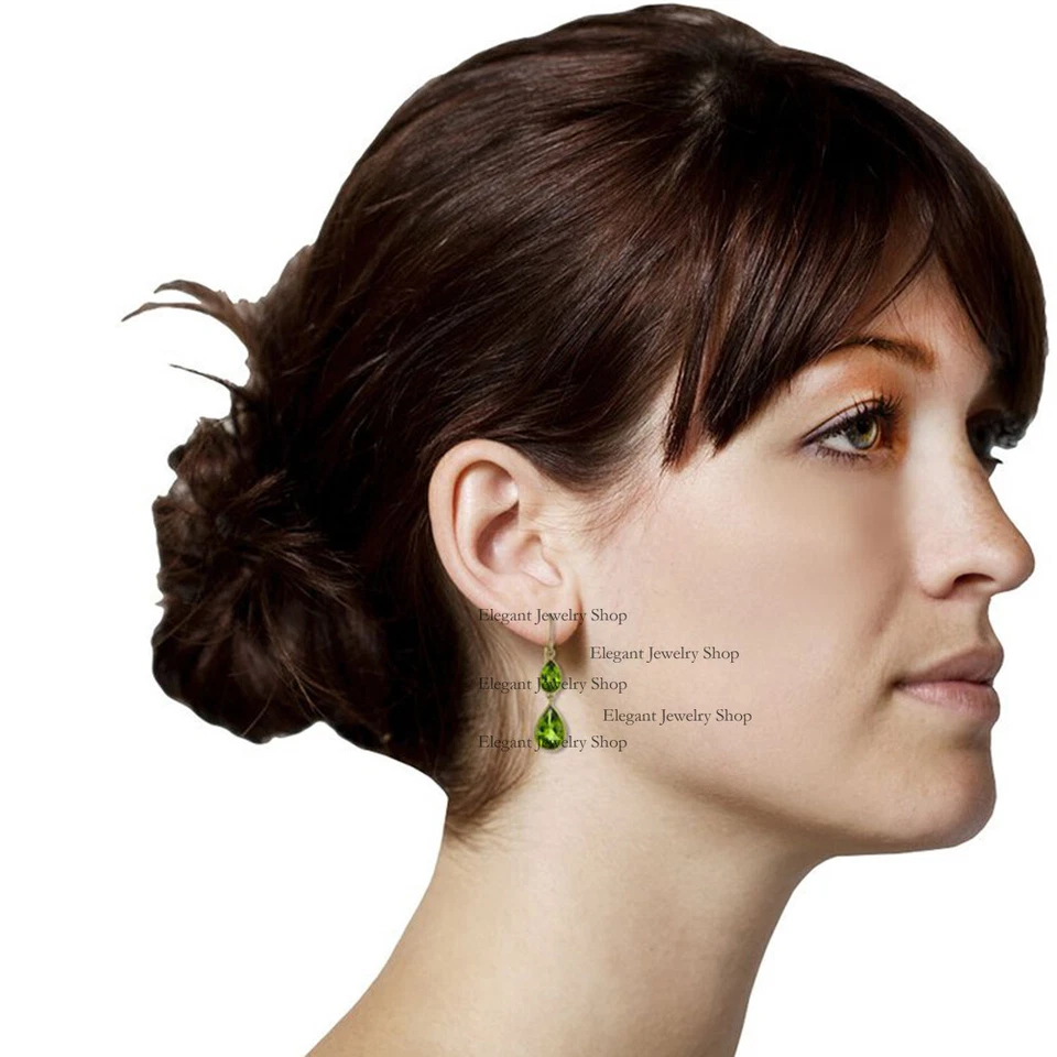 Dangle Drop Peridot Gemstone Earrings 14k Yellow Gold Handmade Fine Jewelry Gift - Image 3 of 3