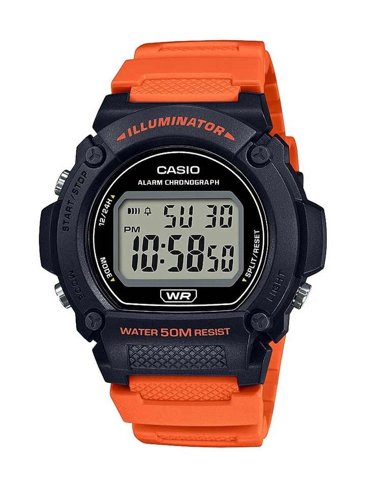 Casio Hombre Naranja Resina Banda Día Fecha Calendario Indicador Reloj 47MM W219H-4AV