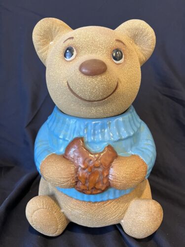Vintage Metlox California Poppytrail Cookie Jar Teddy Bear with Blue Sweater - Picture 1 of 10