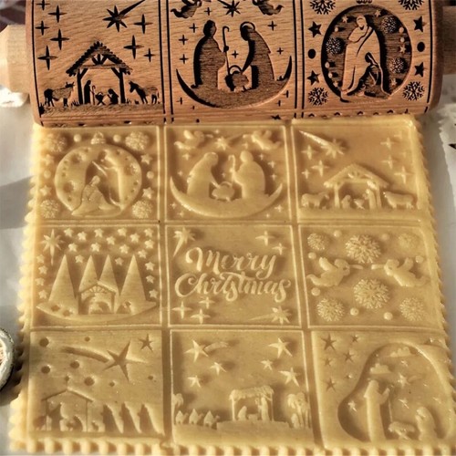 Engraved Embossing Rolling Pins with Christmas Nativity Christ Pattern Home Gift - Picture 3 of 7