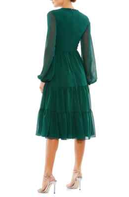Ieena Mac Duggal Emerald Green Illusion Long Sleeve Tiered Midi Dress 10  $398 | eBay