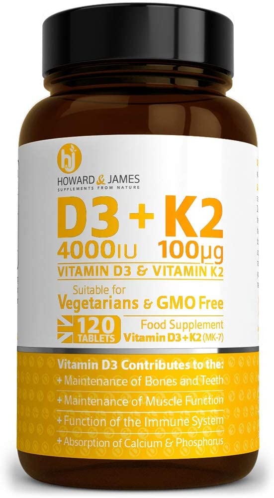 Vitamin D3 4000iu Plus K2 100ug 120 High Strength Vegetarian Tablets Howard&Jame