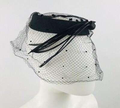 B & W Fascinator w/ Black Veil, Pearls, Rhinestone Flower Feather Pearl Fascinator Bridal Russian Net Birdcage  main image 2