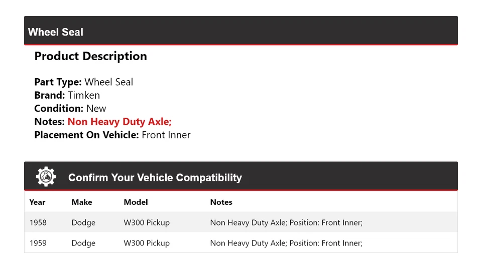 For 1958-1959 Dodge W300 Pickup Wheel Seal Front Inner Timken - Image 2 of 4