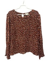 Terra & Sky Women's Plus Size 2X Brown Floral Smocked Long Sleeve Blouse Top