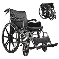 Lightweight Folding Transport Wheelchair 18" Seat w Locking Brakes 24" QR Wheels
