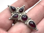 Vintage Sterling Silver Garnet Cabochon Cluster Long Cross Band Ring - Sz. 8