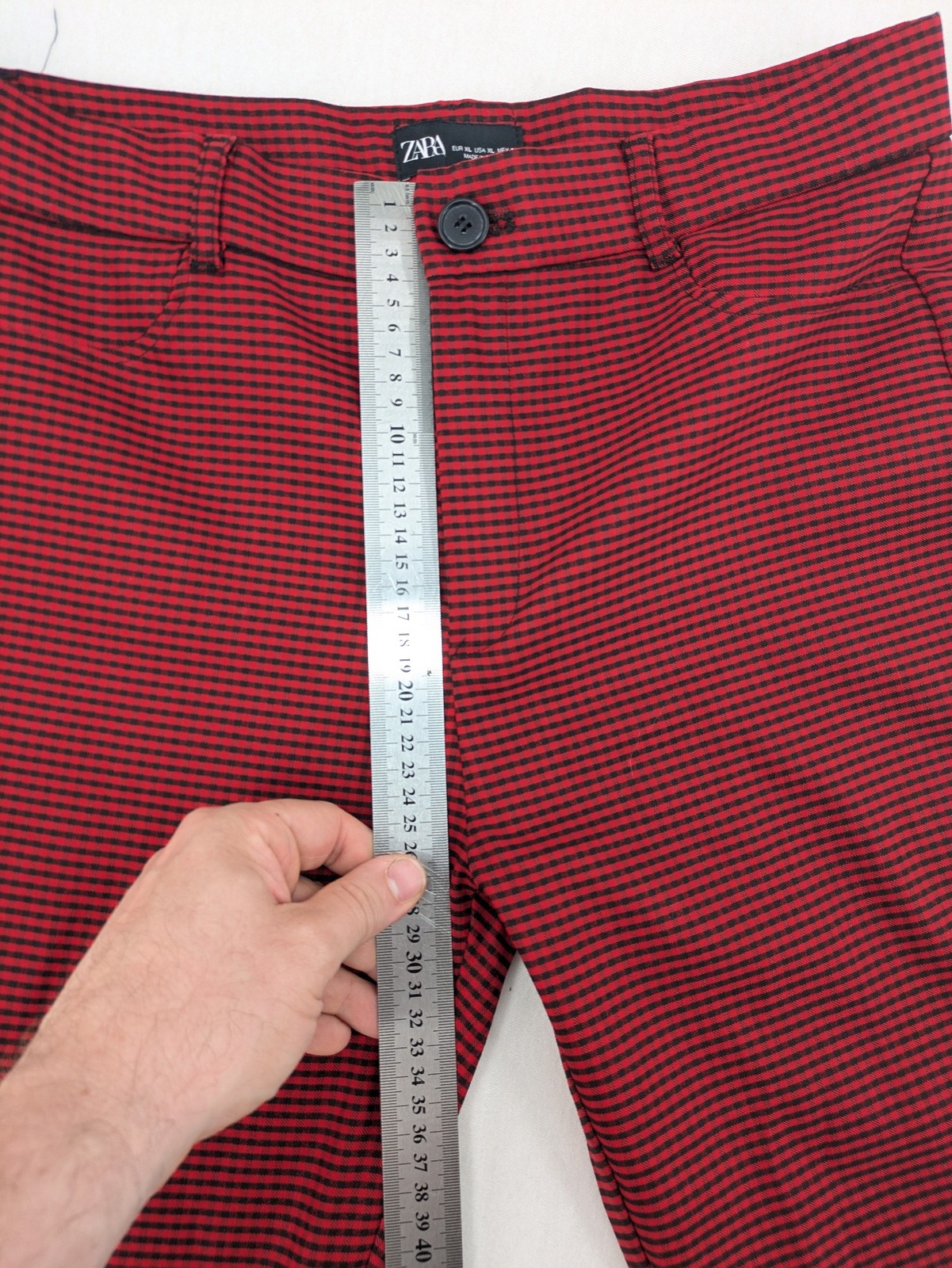 ZARA Mens Trousers XL Red Black Gingham Check Slim Fit Stretch Pants image 6
