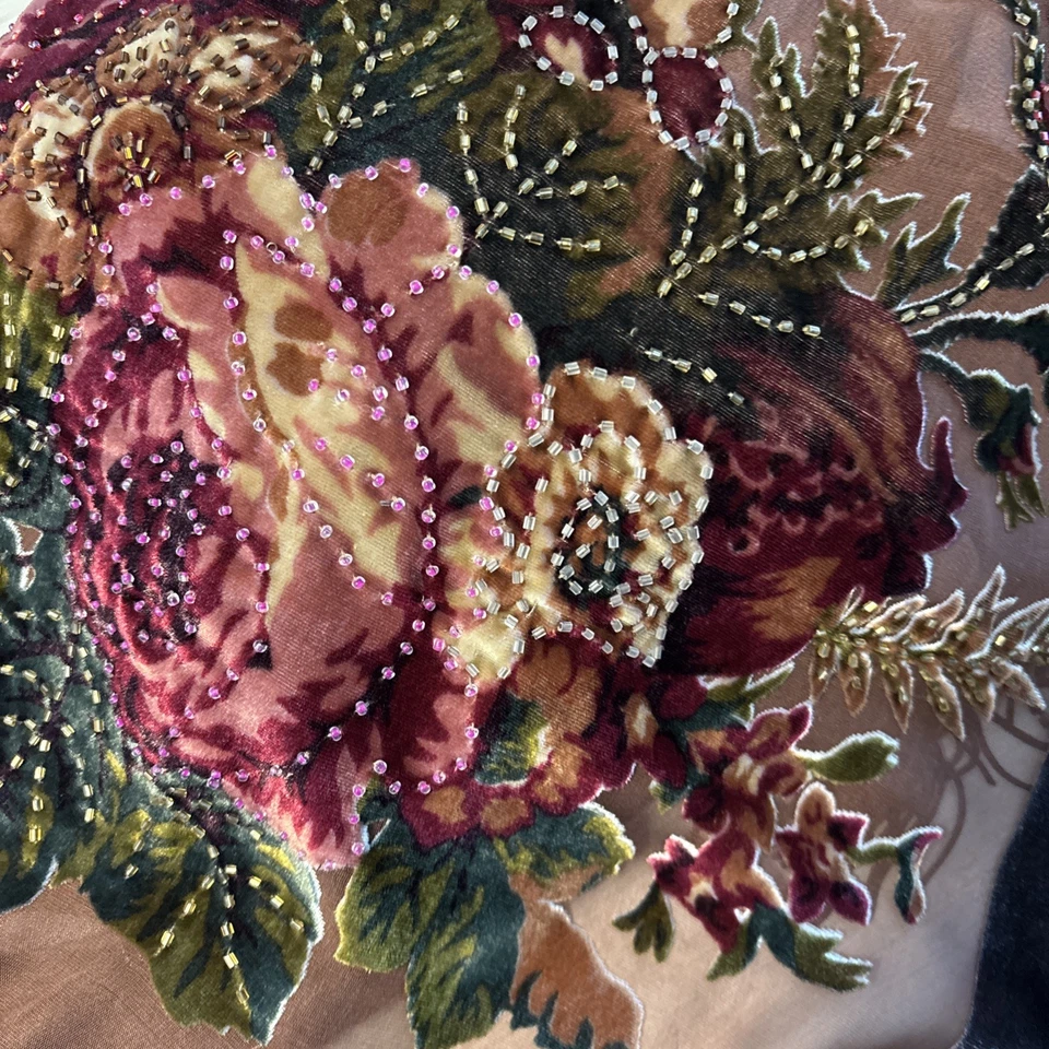 Aris A. Silk Velvet Burnout Beaded Floral Square Scarf 41”x41” - Image 4 of 4