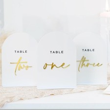 10 PCS White Arched Acrylic Table Numbers Gold Numbers Stands 110 Sign 5x7