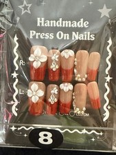 Size MEDIUM Handmade 3D Floral Square Press-On Nails Medium Acrylic Beige Red