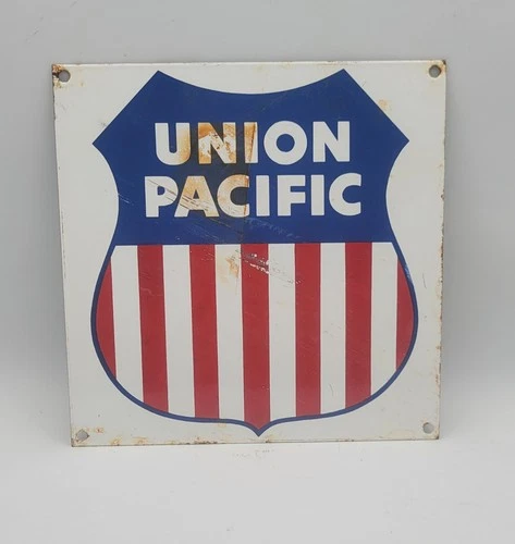 Vintage Union Pacific Railroad Railway Rustic Porcelain Enameled Metal Sign