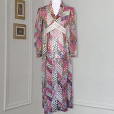 Vintage 1970s Maxi Dress Bohemian Patchwork Empire Waist Lace Tie Prairie