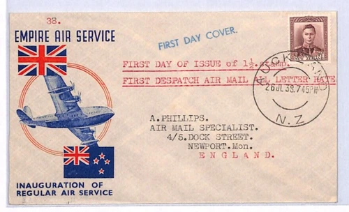 NEW ZEALAND ILLUSTRATED 1938 FDC KGVI 1½d First Day Cover EMPIRE AIR Flight YM46