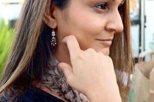 3Ct Chandelier Earrings Pear Cut Lab-Created LBT & Pearl 14K Yellow Gold Plated - Image 2 of 4