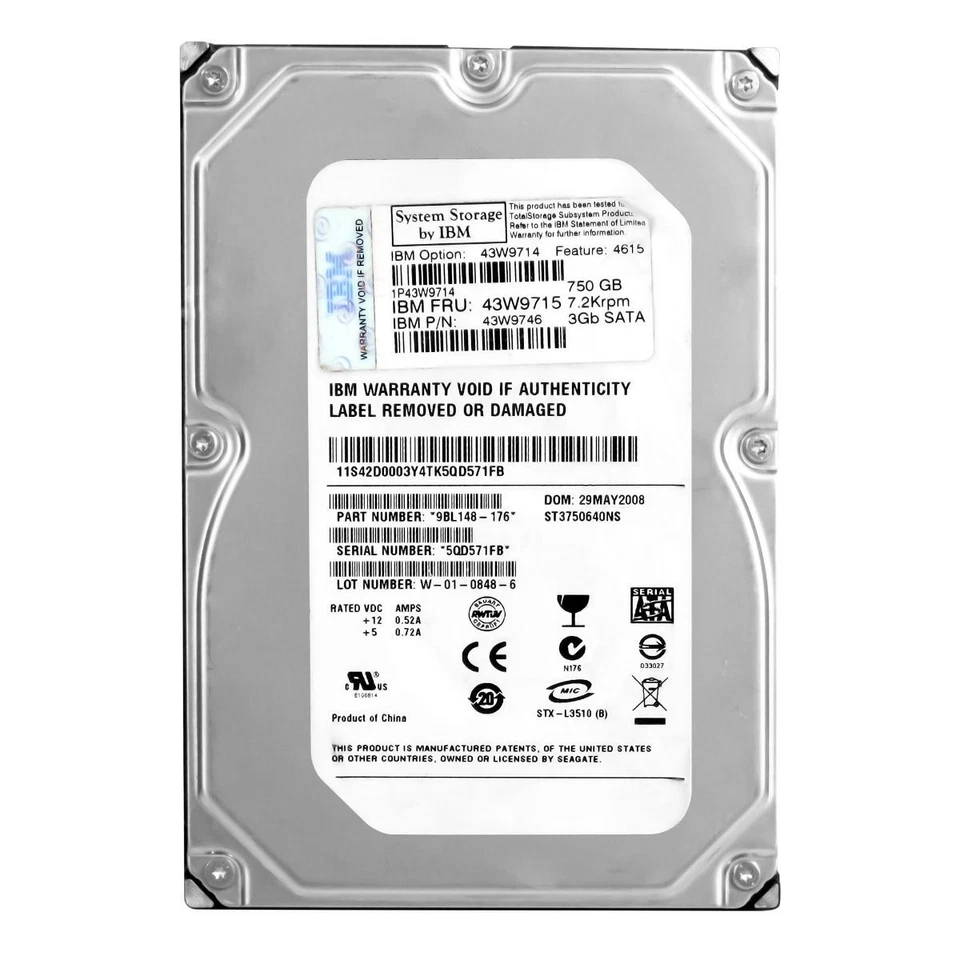 Hard Drive IBM 43W9715 43W9746 ST3750640NS 750GB 7200U/Min 16MB SATA II 3.5'' - Image 3 of 3