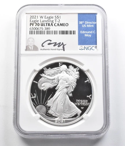 PF70 UCam 2021-W American Silver Eagle Landing T-2 Moy Signed NGC *5841