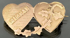 Antique 9K Rose Gold Double Heart Mizpah Brooch