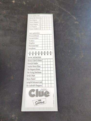 The Simpsons Clue 2002 Game Sheets Replacement Booklet