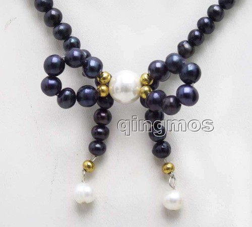 5-6mm Round Black Pearl Necklace for Women & Pearl Bowknot Pendant Chokers 17'' - Picture 3 of 25