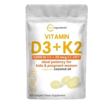 Micro Ingredients Vitamin D3 1,000 iu Plus K2 (MK-7) 25 mcg, 300 Virgin Coconut