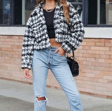 Vici Constance Teddy Crop Jacket Black Ivory Button Front Lined New Size Xl