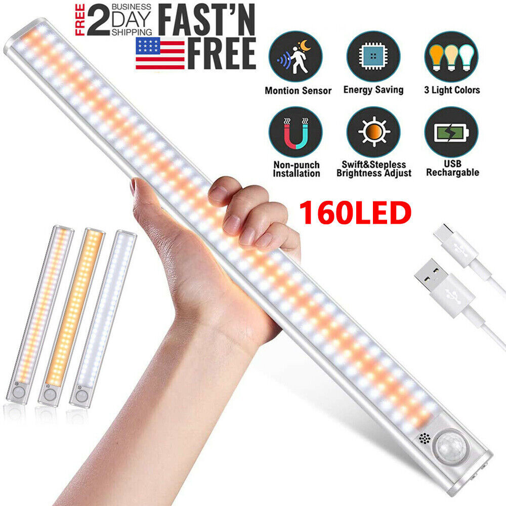 80-160LED Motion Sensor Under Cabinet Closet Night Lamp Rechargeable Kitchen