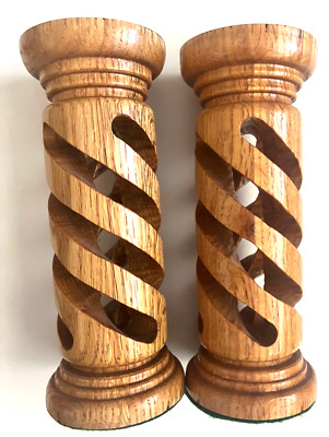Pair of Twisted Open Spiral Wood Candles Holder 8 inches Tall