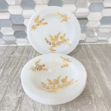 Vintage Federal Glass Milk Glass 8-Inch Bowl Plates, Gold Floral Set of 5