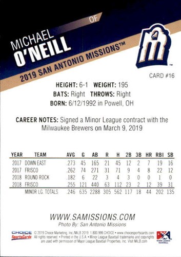 2019 San Antonio Missions Choice 16 Michael O'Neill Powell Ohio OH Baseball Card - Picture 2 of 2