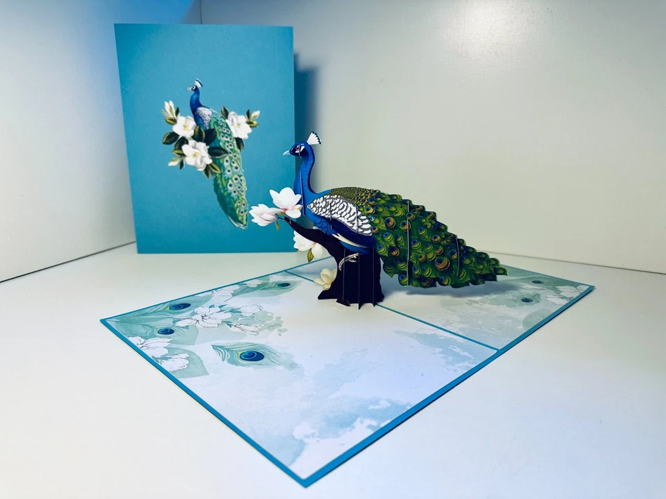 Tarjeta emergente de celebración de pavo real azul verde asiático Origami Pop Cards  Foto 4 de 4