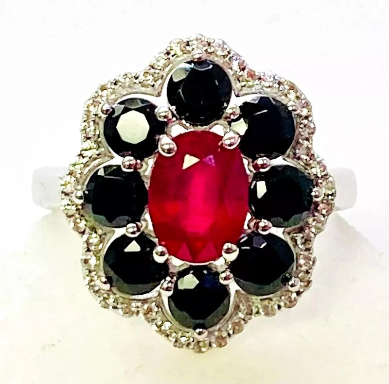 HSN Colleen Lopez Sterling Silver Ruby, Black Spinel & White Zircon Ring Size 7
