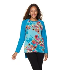 DG2 by Diane Gilman Women's Floral Print Hi-Low Combo Top Teal Small Size HSN 