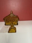 Jeanette Glass Covered Dish Candy Wedding Box Lid Compote Amber Gold Vintage