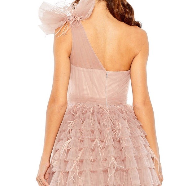 Mac Duggal 20447 One Shoulder Gown Pink Feather Faux Bow Tiered Aline Size 6 NWT image 5
