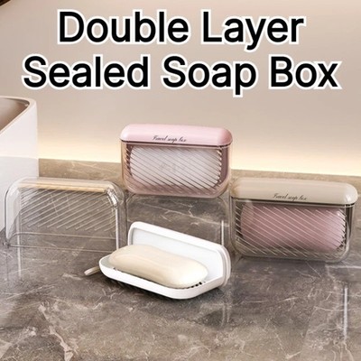 2 X Double Layer Sealed Soap Box With Lid Travel Portable, Transparent Drainable