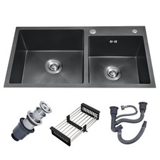 30-inch Black Kitchen Sink, Double Bowl Drop-in/Top-Mount 304 Stainless Steel...