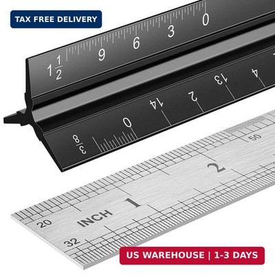 Architectural Scale Ruler Set, 2 Pack 12 Inch Aluminum Architect Ruler with Stan