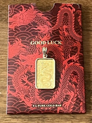 5 Gramm PAMP Suisse Glücksdrache 0,999 Goldbarren ummantelt in 14k Anhänger 