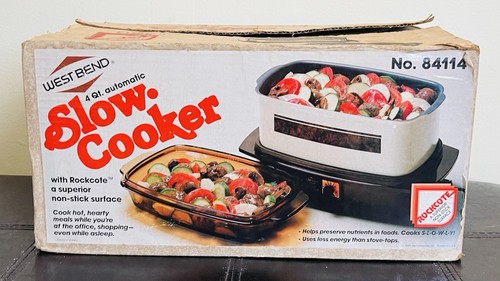 Vtg West Bend Slow Cooker 4qt Automatic Brown Stripe Model 84114 New