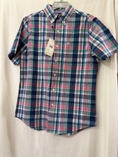 Chaps Mens Pink Blue Multi Plaid Short Sleeve Stretch Easy Care Woven Shirt Sz S