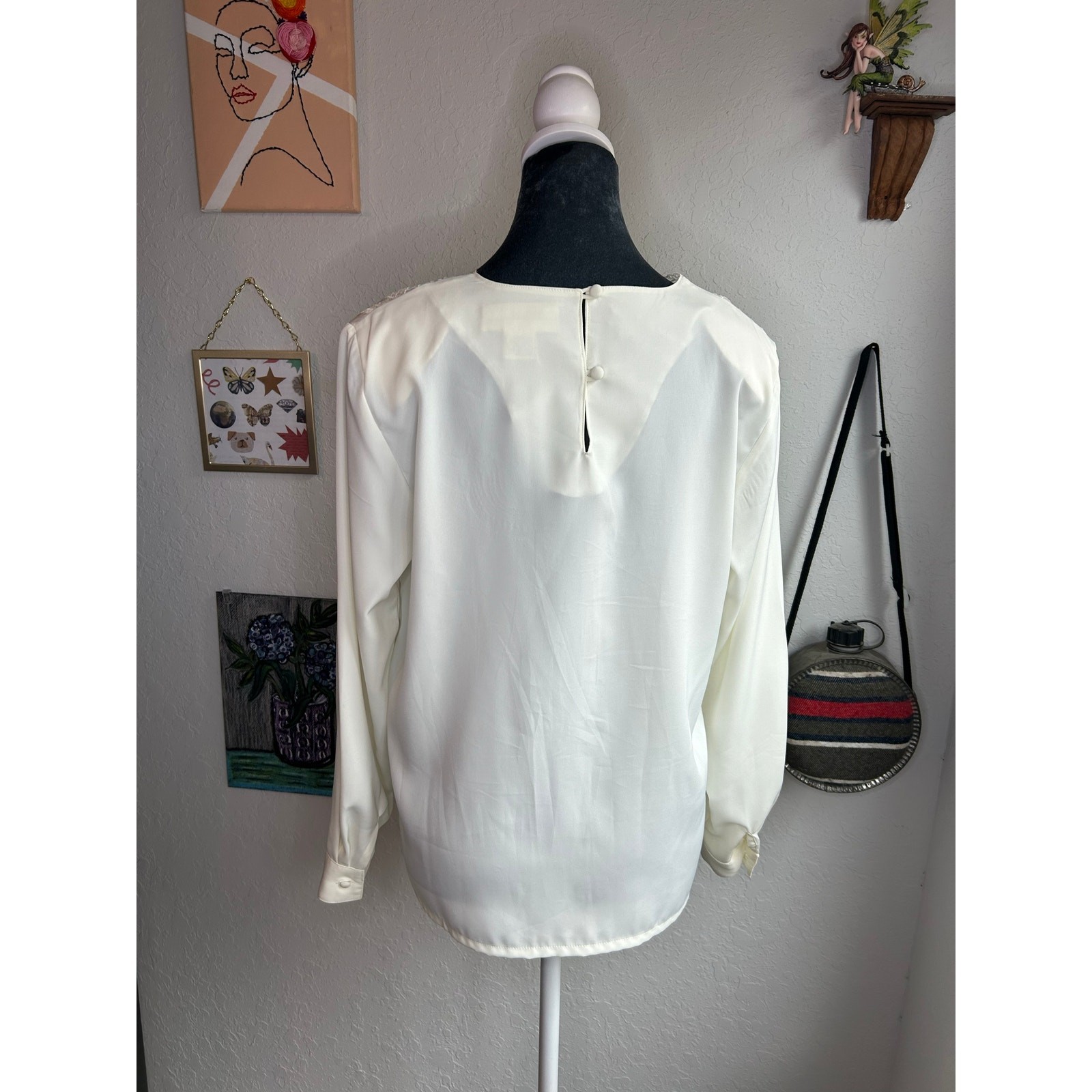 SAINT LAURENT Yves St Clair Vintage taglia 8 panna blusa ricamo intricato bottone manica lunga
