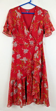 New Vince Camuto sz 2 Faux Wrap Dress red floral midi length MISSING BELT 1980