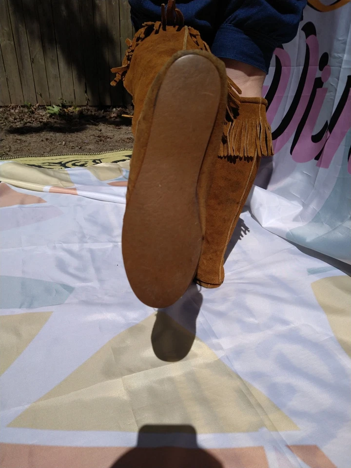 Minnetonka мокасины замши бахрома хиппи ботинки 70-х богемное кожаная подошва натуральный - Изображение 4 из 4